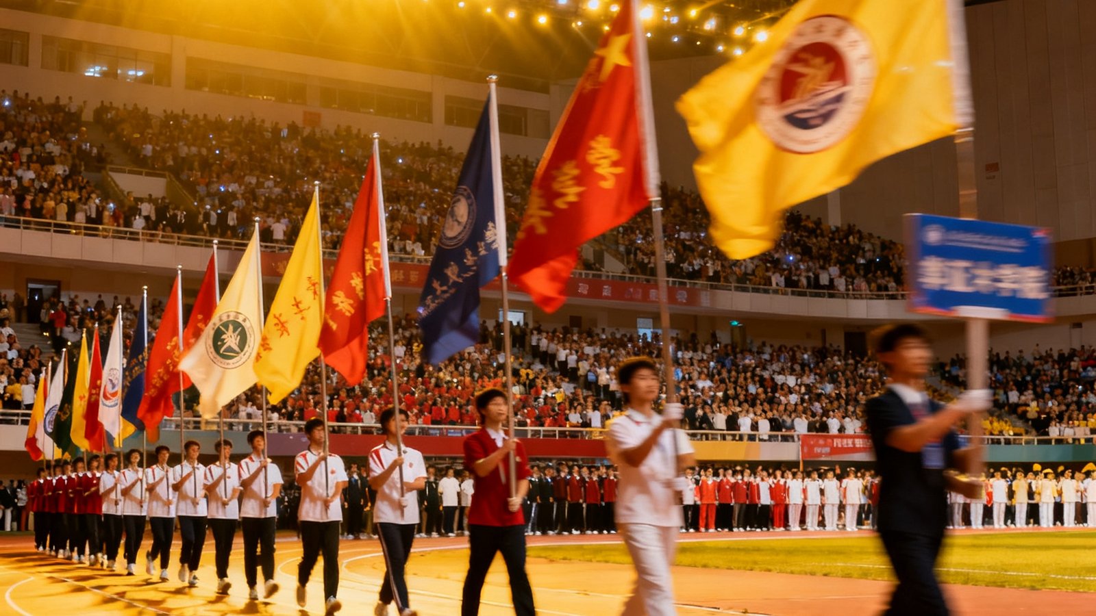 全国大学生篮球联赛开幕式，场馆内灯光璀璨，各高校代表队举旗入场，观众席座无虚席